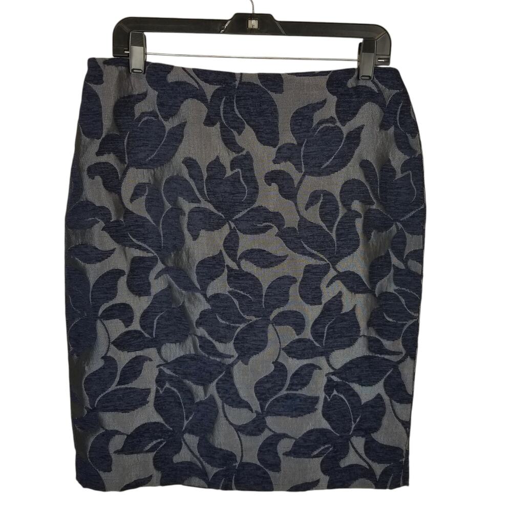 Ann Taylor Navy and Gray Leaf-Print Pencil Skirt